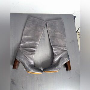 Chloe Gray Leather Wooden Heel Tall Boots